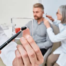 Hearing aid specialist doing ear examination and recommended Completely-in-Canal hearing aid to patient